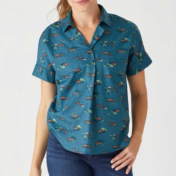 Duluth Trading Women's Blue Printmaker Lightweight Short Sleeve Popover Shirt XS - Picture 9 of 10